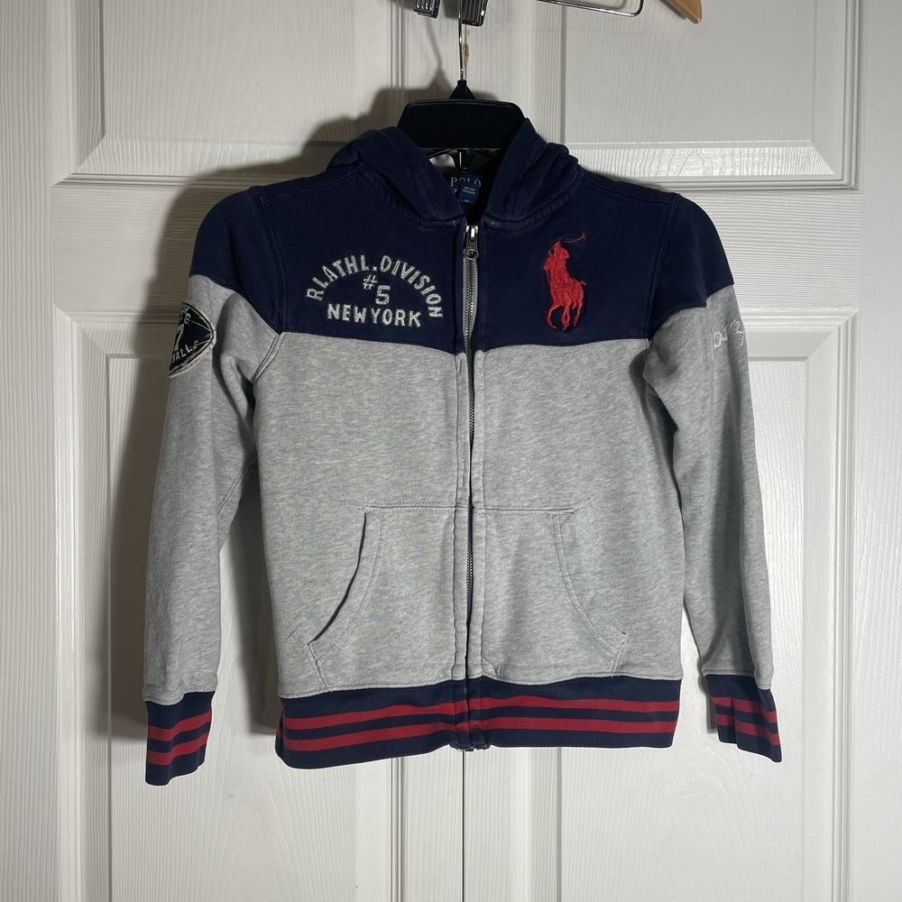 Y2K Polo Ralph‎ Lauren Hoodie Kids S 8 Navy Gray Full Zip Big Pony RL Athletic